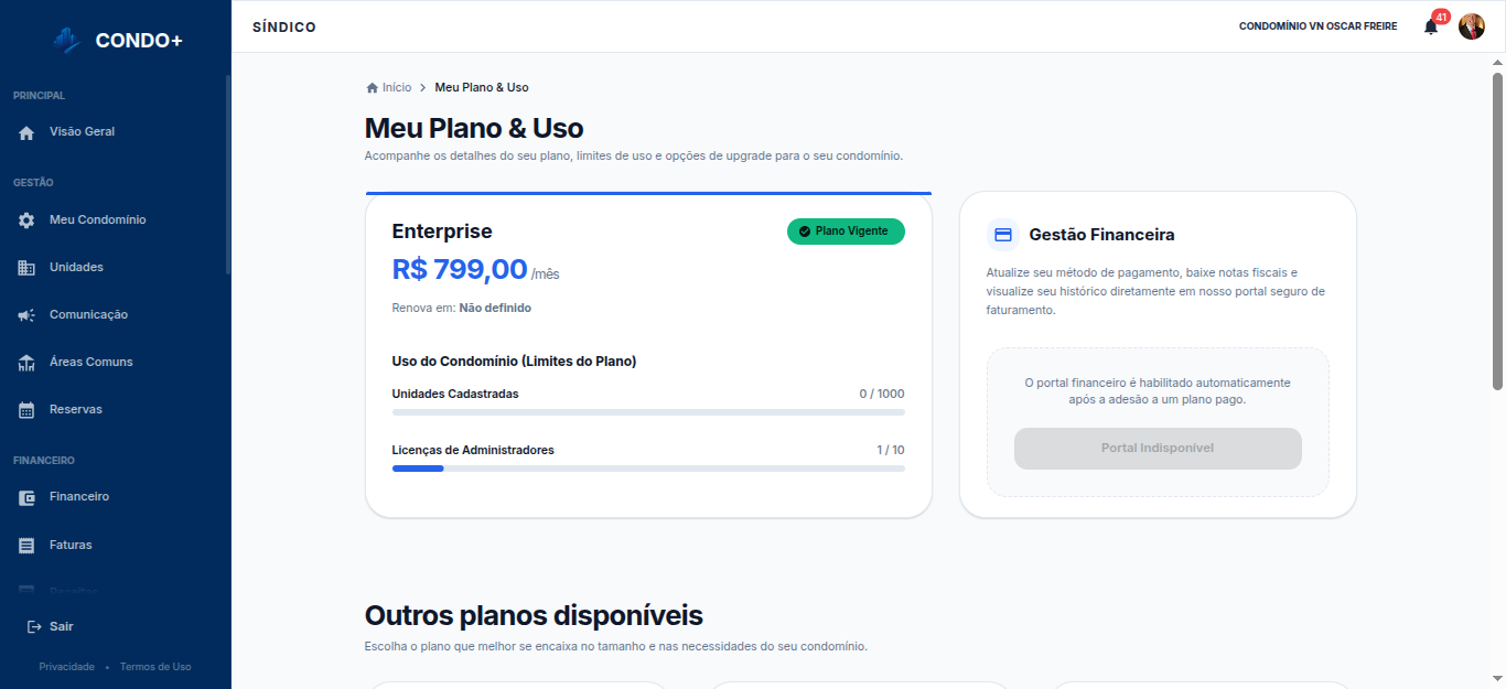 Tela de assinatura com o plano atual do condomínio