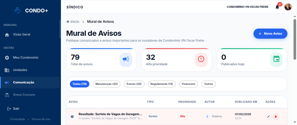 Mural de avisos com lista de comunicados, filtros e indicadores