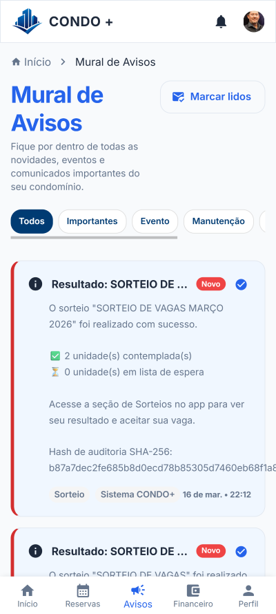 Tela de comunicados — Mobile