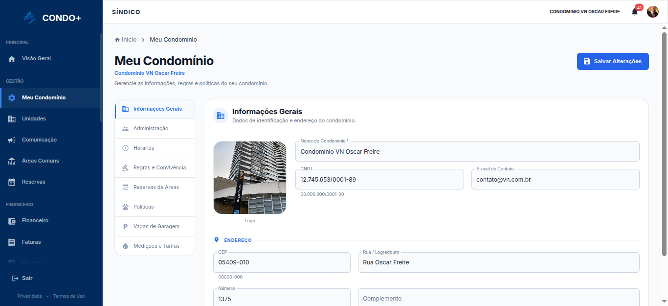 Tela de configurações do condomínio
