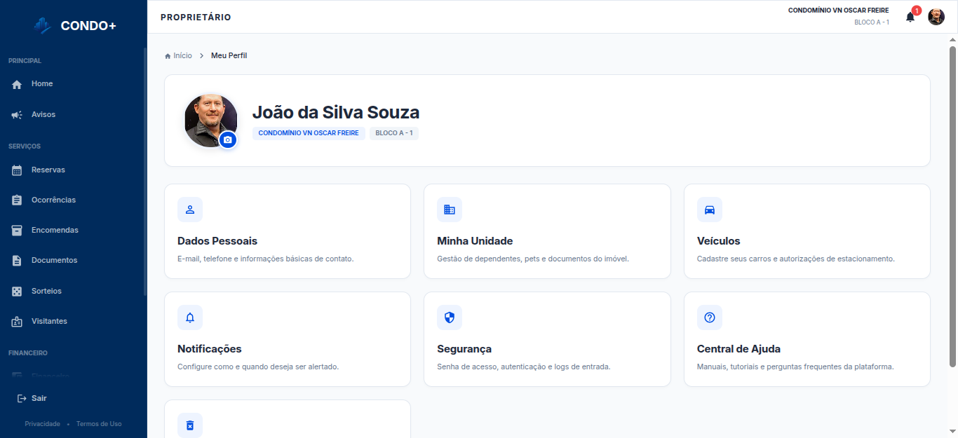 Perfil e configurações do morador — Desktop