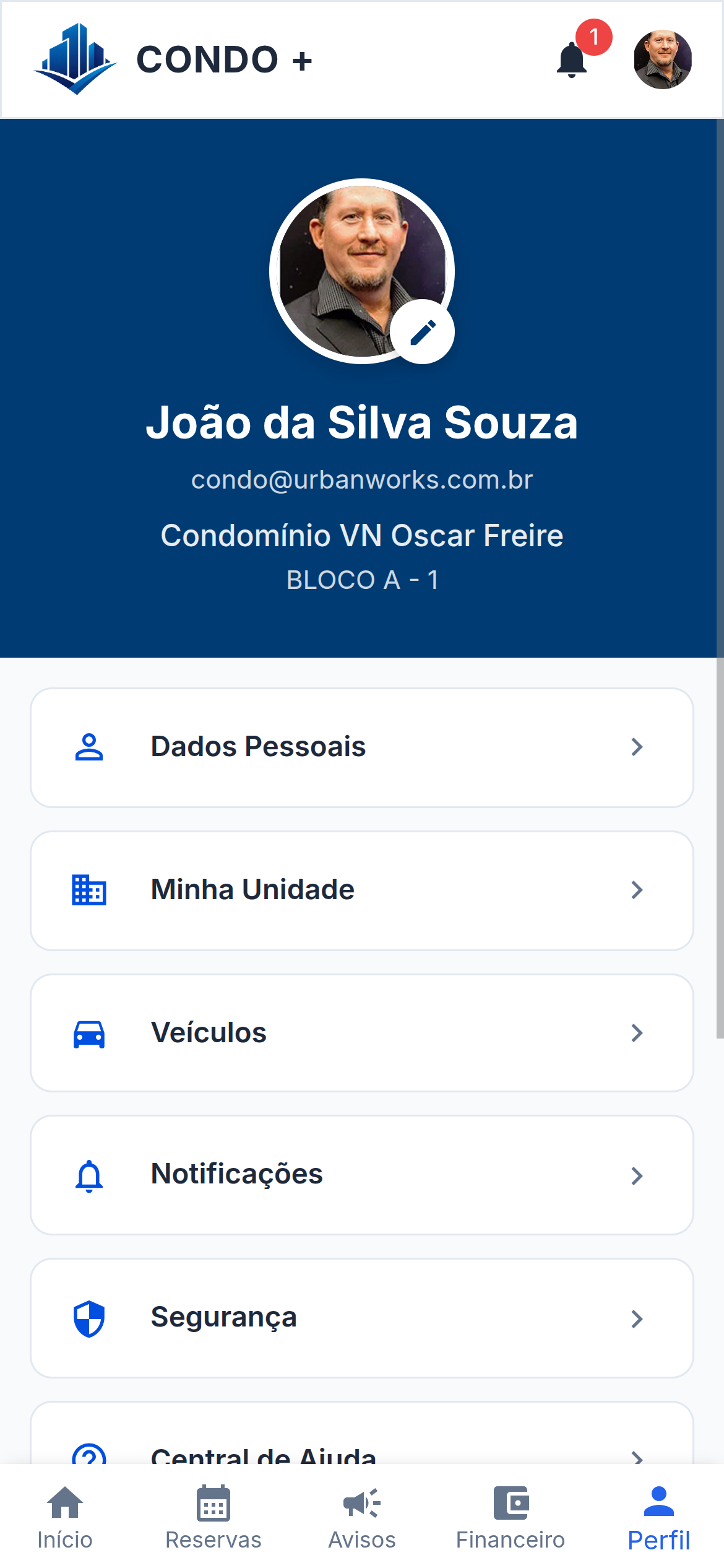 Perfil e configurações do morador — Mobile