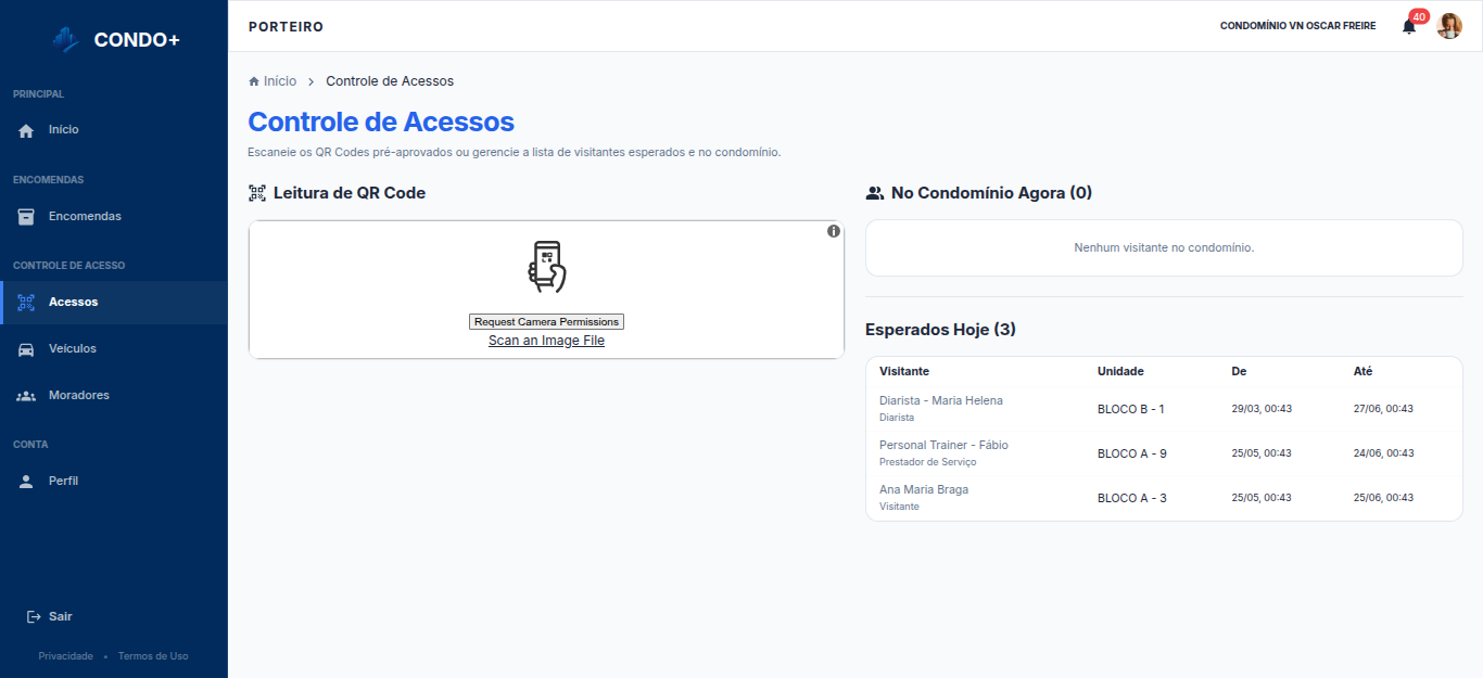 Controle de acessos do porteiro — Desktop