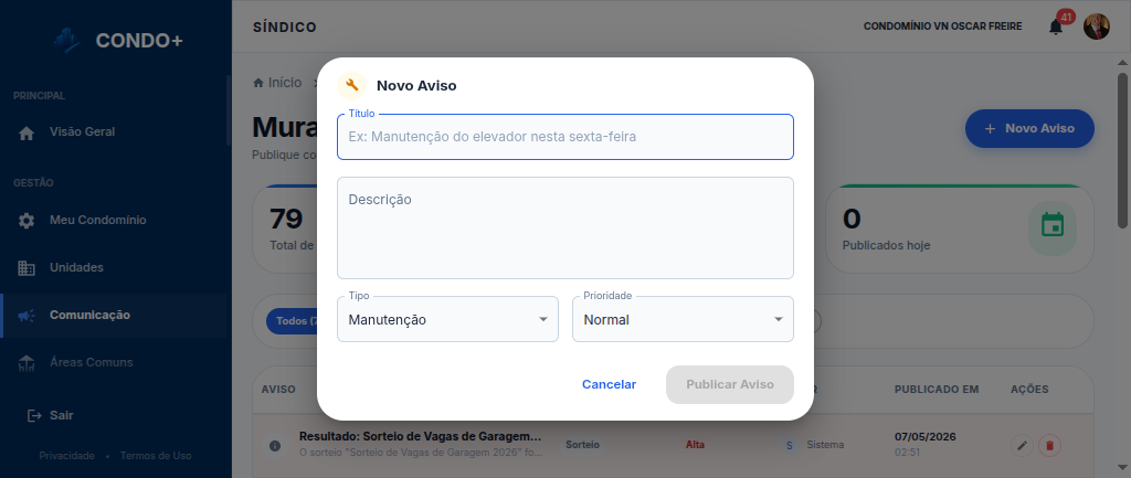 Formulário Novo Aviso com título, descrição, tipo e prioridade