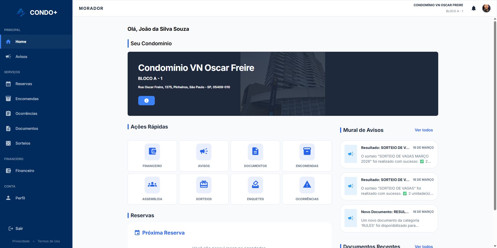 Dashboard do morador — Desktop