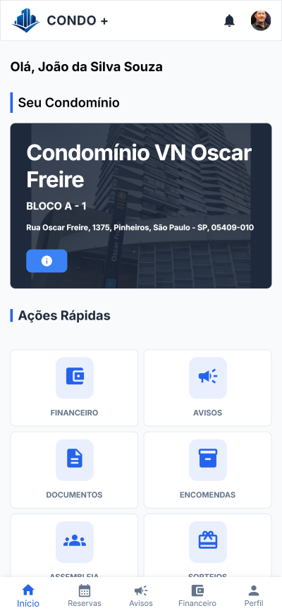 Dashboard do morador — Mobile