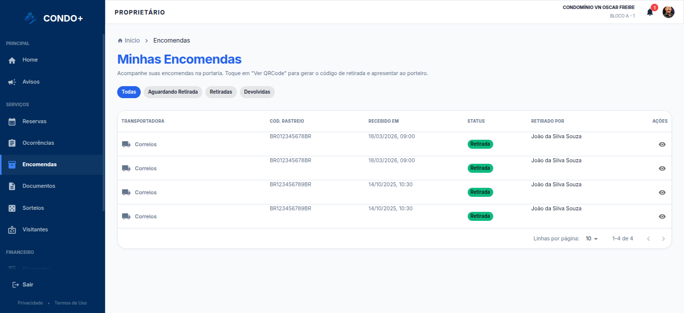 Encomendas do morador — Desktop