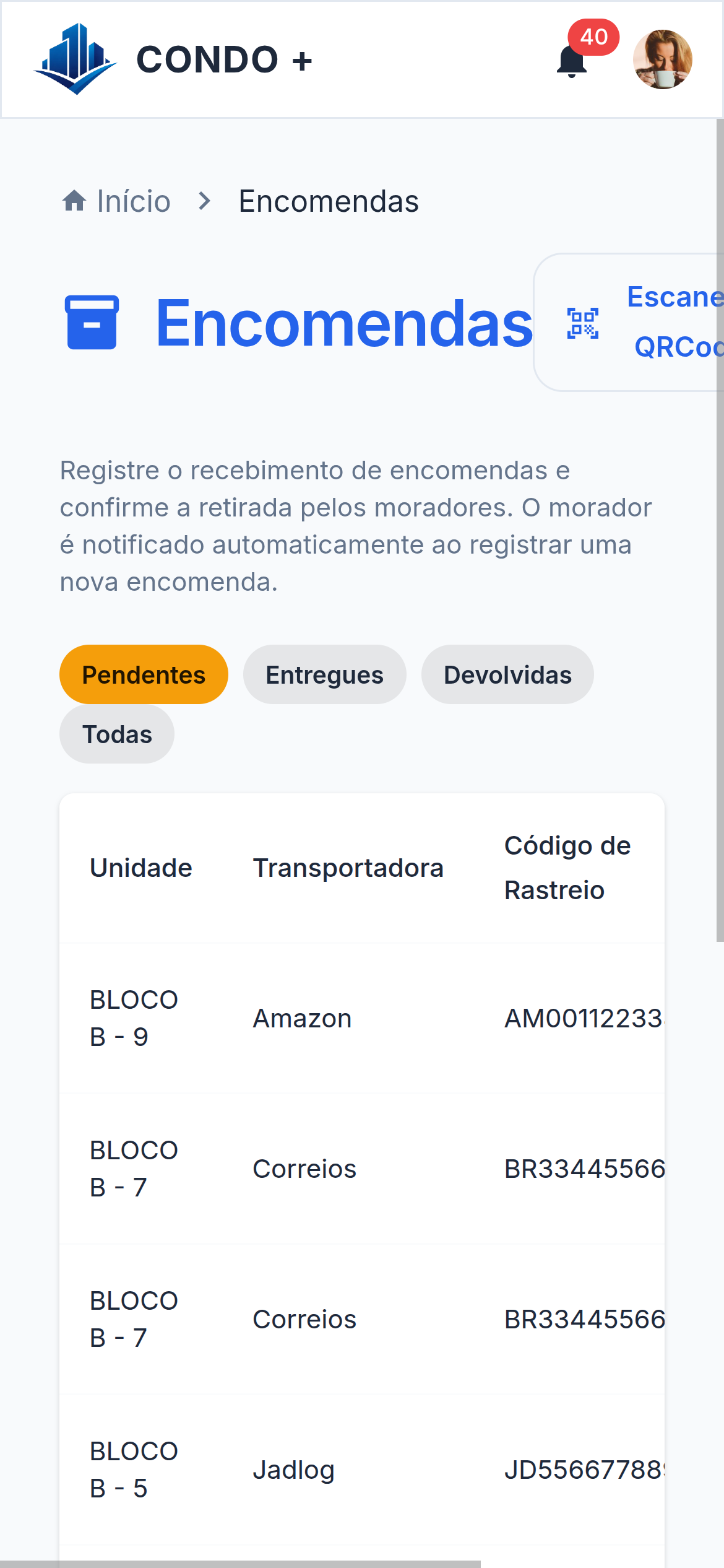 Encomendas na portaria — Mobile