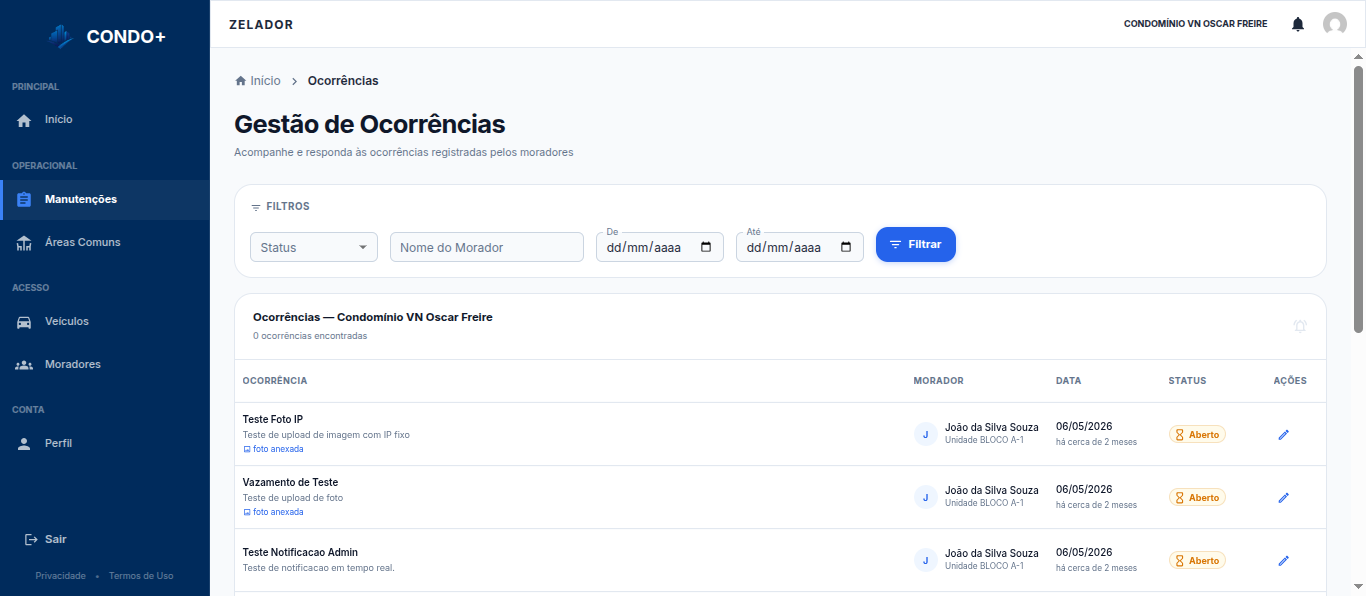 Tela de Ocorrências do zelador