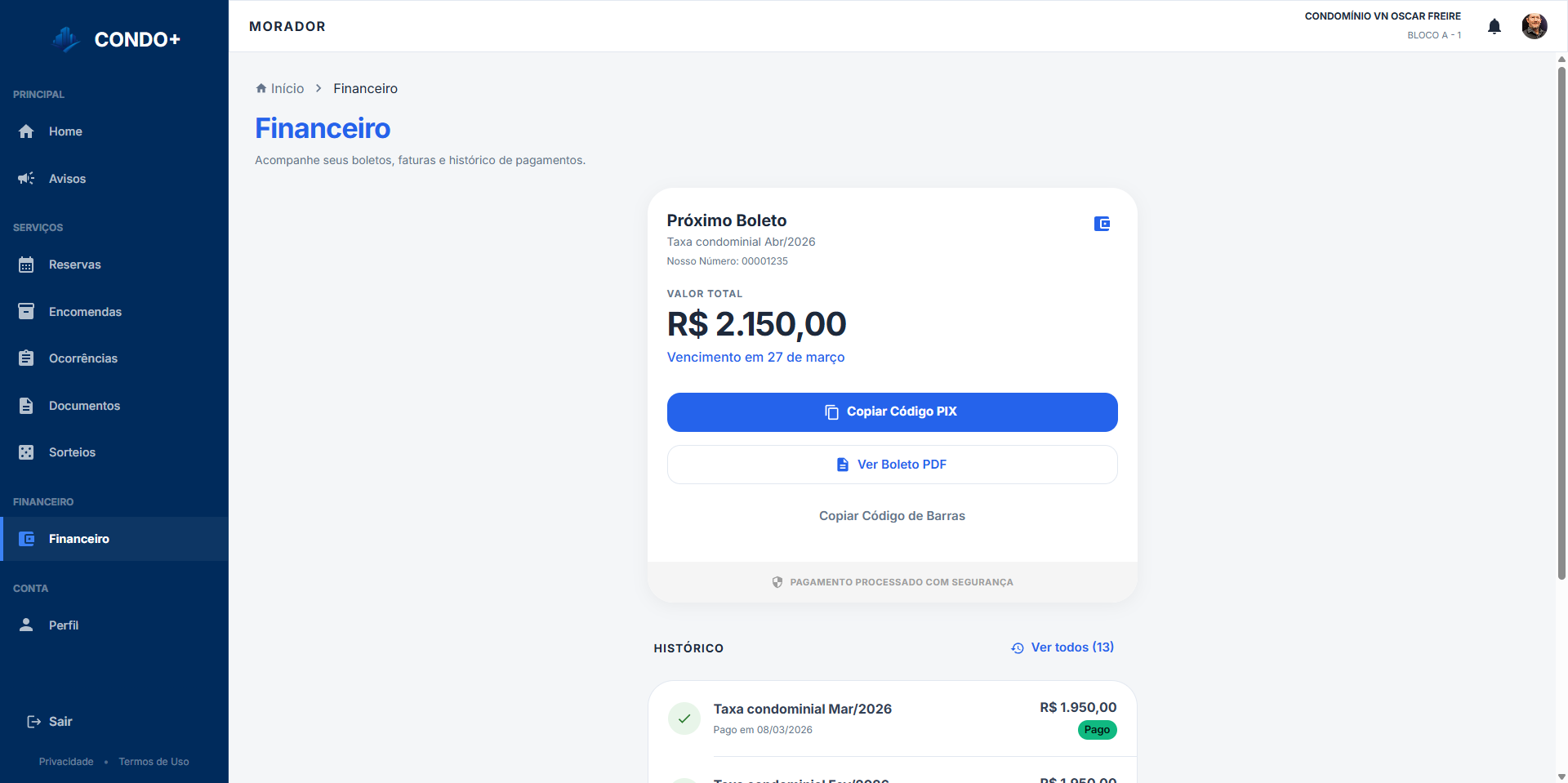Tela de boletos — Desktop