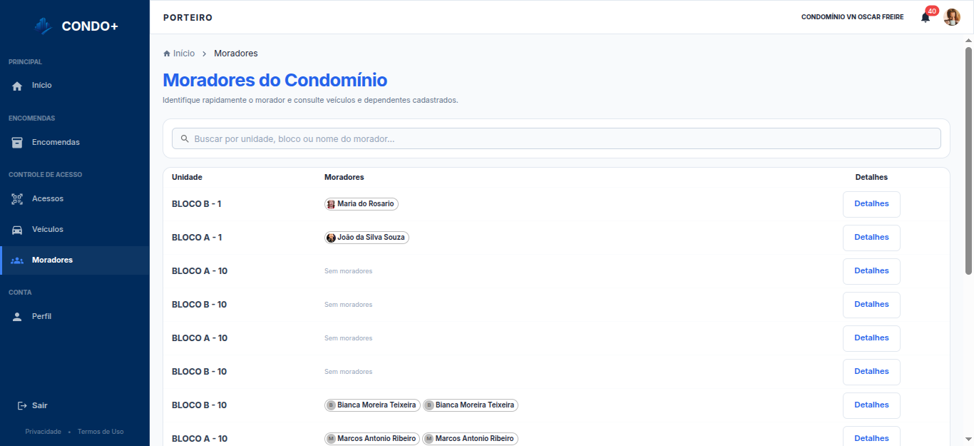 Consulta de moradores na portaria — Desktop