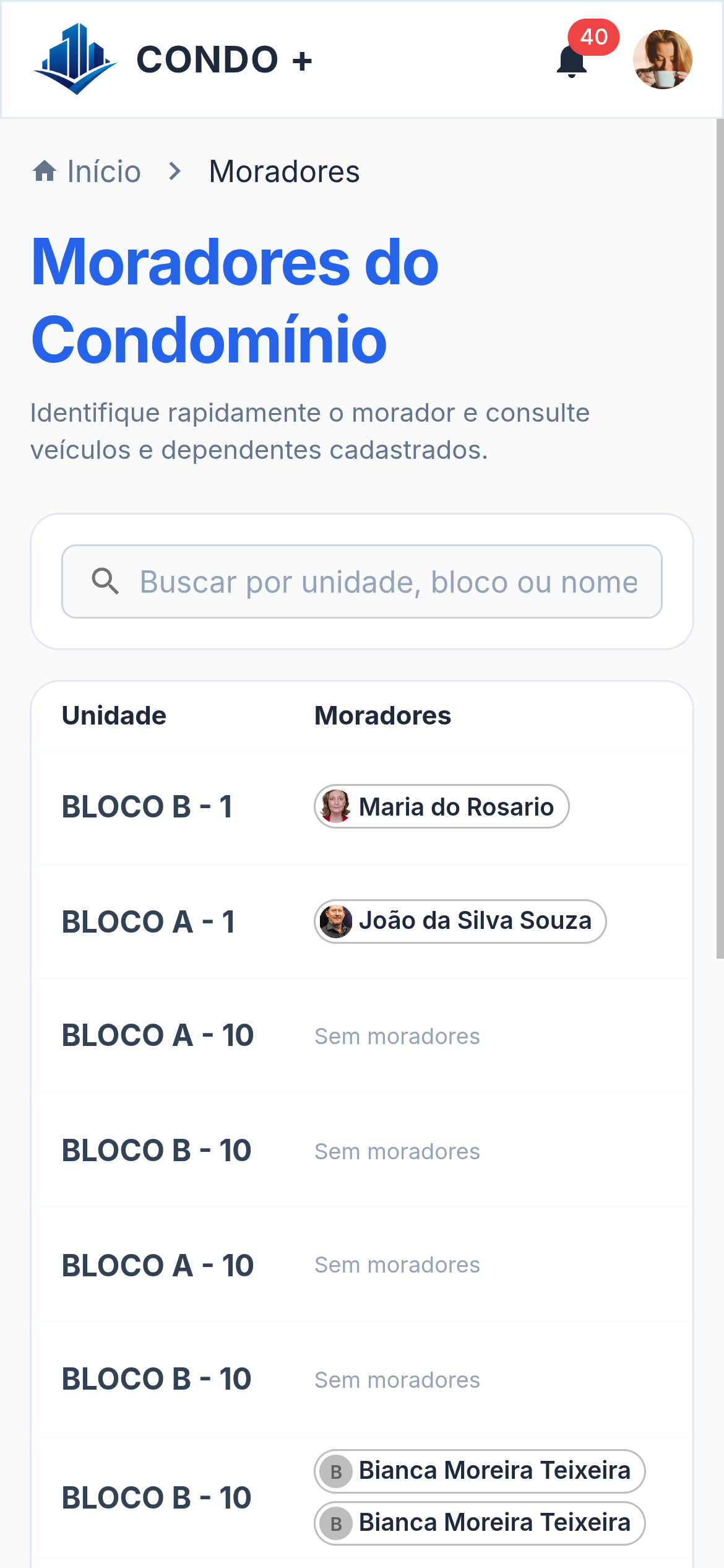 Consulta de moradores na portaria — Mobile