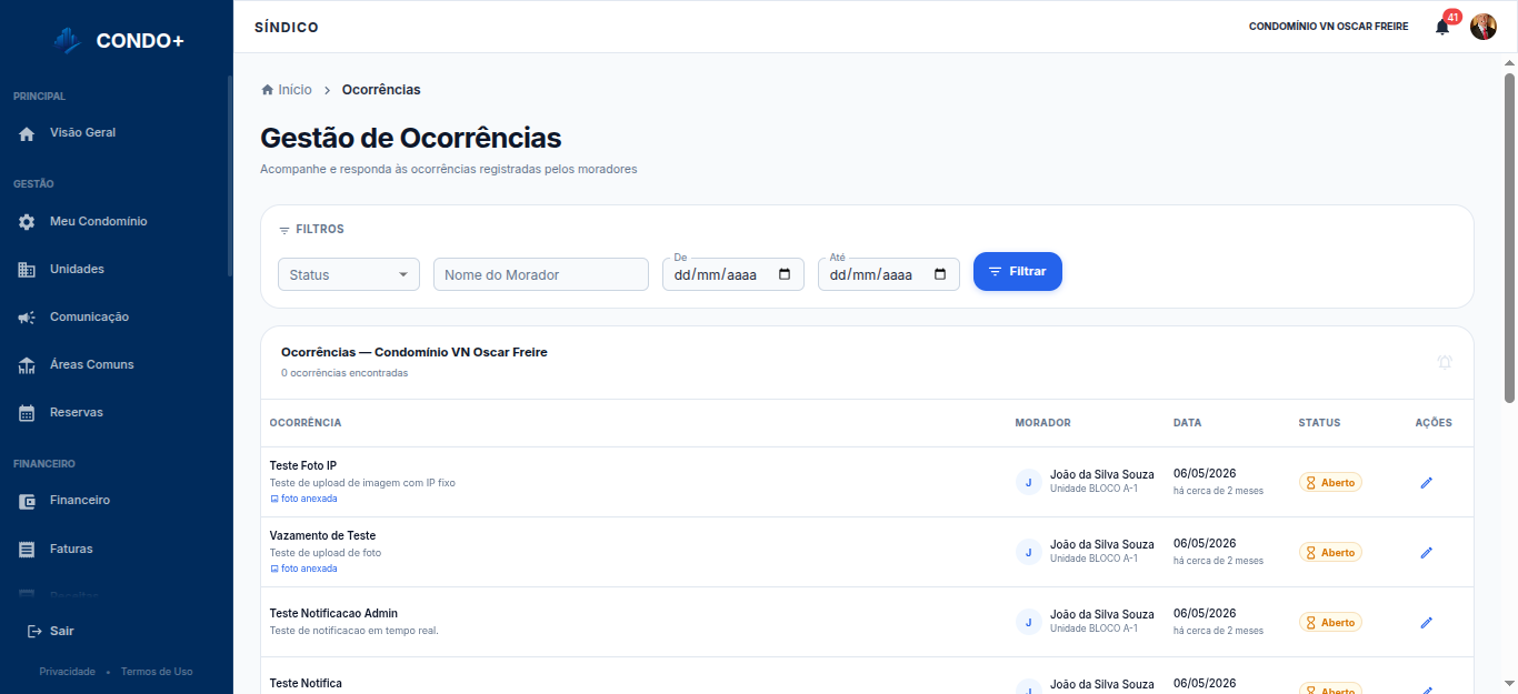 Gestão de ocorrências com filtros e lista de chamados