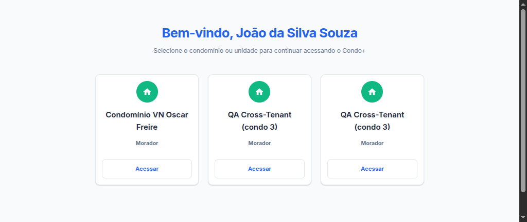 Seleção de condomínio/unidade após o login