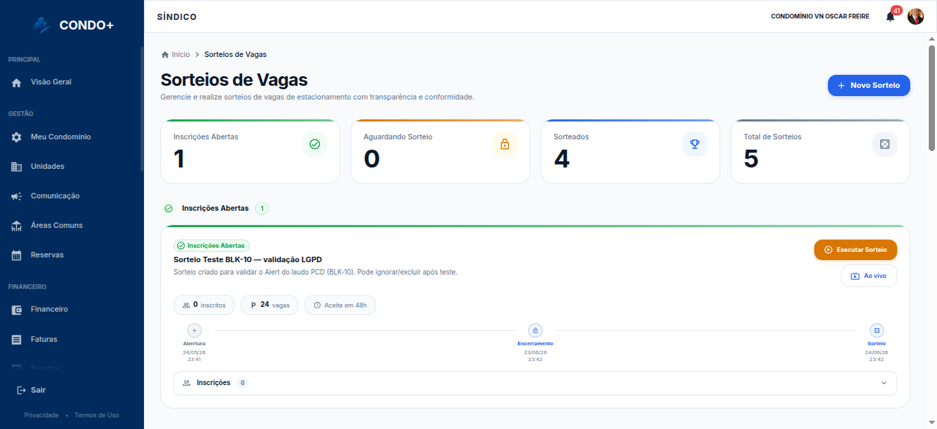 Tela de sorteios de vagas com lista e status