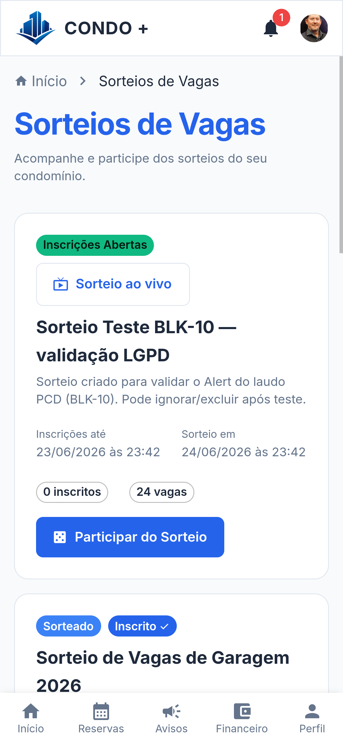 Sorteios de vagas — Mobile