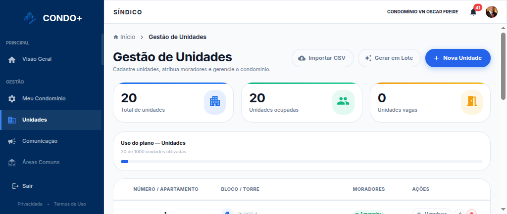 Tela de cadastro de unidades