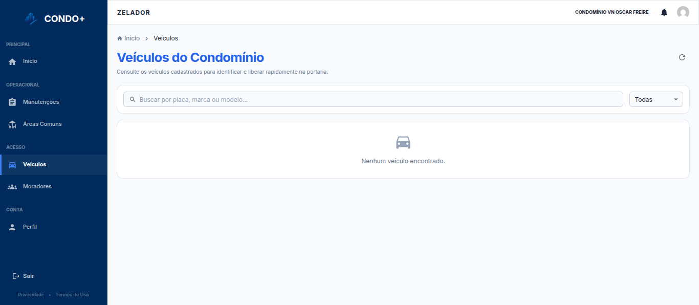 Consulta de veículos no painel do zelador